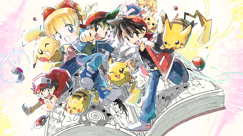 1girl 4boys :d akai_isamu akari_(pokemon_card) backwards_hat baseball_cap belt black_hair blonde_hair blue_eyes blue_jacket blue_pants book bow clefairy commentary_request floating_hair gen_1_pokemon green_hair hair_between_eyes hair_bow hat hazel_(pokemon) highres how_i_became_a_pokemon_card imomushi_(pixiv_9001433) jacket jigglypuff long_sleeves magical_pokemon_journey motion_blur multiple_boys nintendo open_mouth pants pika_(pokemon) pikachu poke_ball poke_ball_(basic) pokemon pokemon_(creature) pokemon_adventures pokemon_gotta_catch_&#039;em_all pokemon_pocket_monsters poliwag poliwhirl red_(pokemon) red_bow red_eyes red_jacket shoes short_sleeves shuu_(pgdz) smile spiked_hair teeth tongue white_footwear