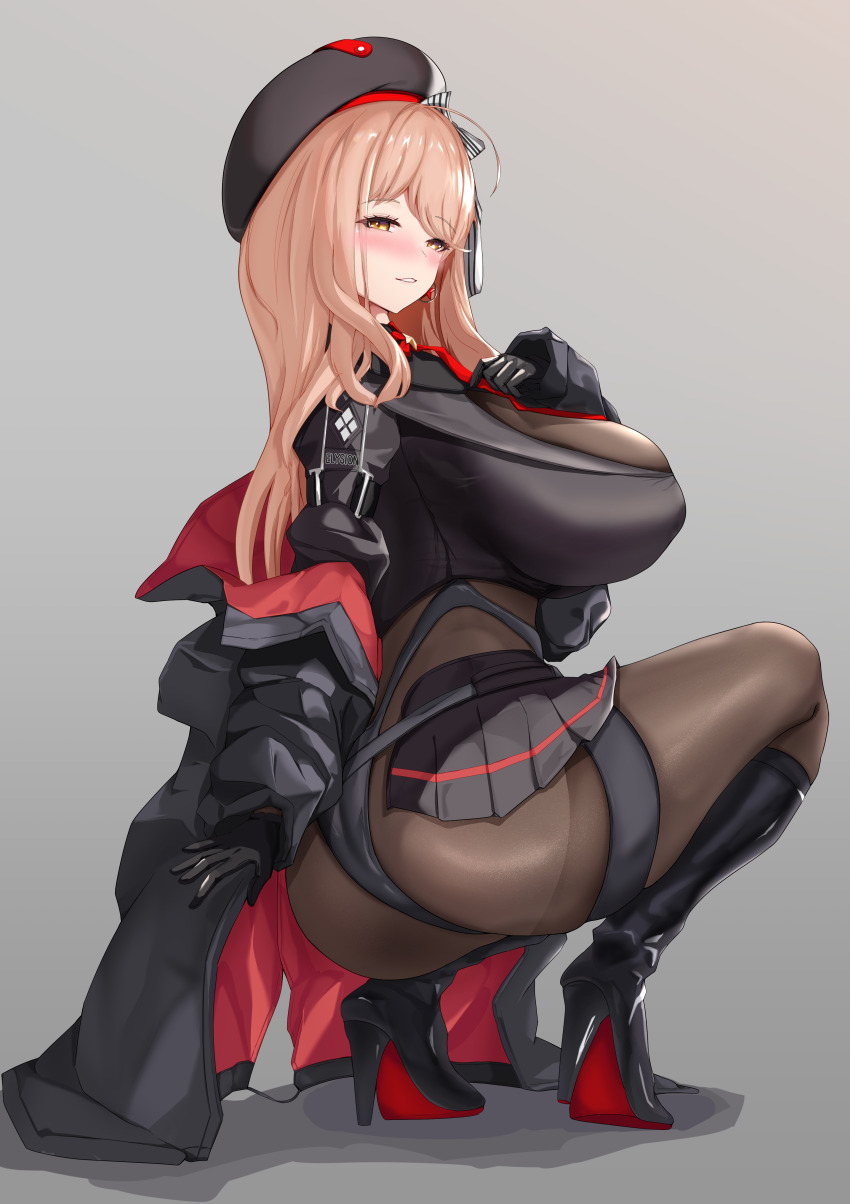 1girl absurdres artist_request ass blush boots breasts coat emma_(nikke) from_behind gloves goddess_of_victory:_nikke hat high_heel_boots high_heels highres large_breasts long_hair looking_at_viewer looking_back naughty_face orange_eyes orange_hair pantyhose sideboob skirt smile solo squatting thick_thighs thighs