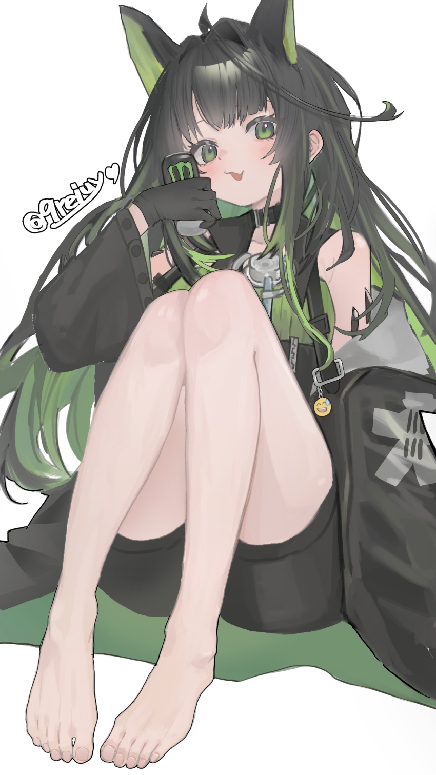1girl absurdres ahoge arknights bare_shoulders barefoot black_gloves black_hair black_shorts blush can colored_inner_hair drink drink_can emoji feet full_body gloves green_eyes green_hair highres holding holding_drink huge_ahoge linchuanzelaip long_hair long_sleeves looking_at_viewer material_growth mon3tr_(arknights) multicolored_hair off_shoulder oripathy_lesion_(arknights) product_placement shorts simple_background sitting solo toenails toes white_background