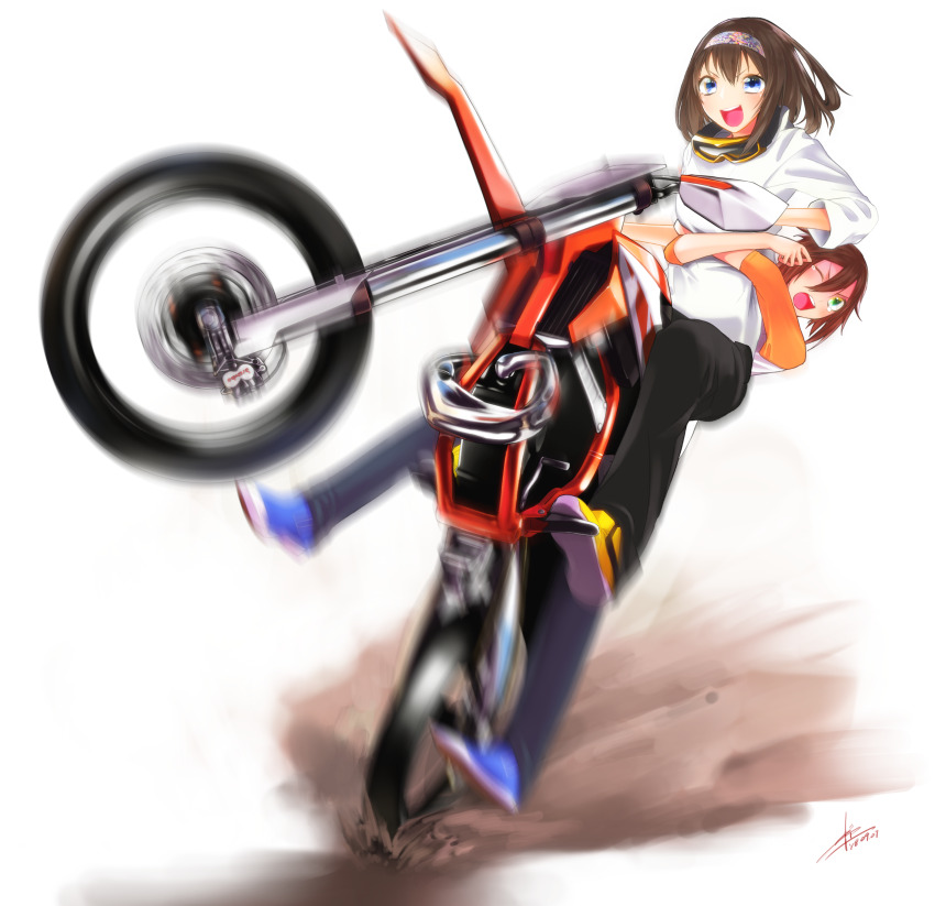 2girls :d absurdres black_pants blue_eyes blue_footwear blush brown_hair dirt dirtbike floating_hair goggles goggles_around_neck hair_between_eyes highres holding_waist ktm_ag medium_hair mizuki_shizuka_(silenxe) motion_blur motor_vehicle motorcycle multiple_girls one_eye_closed open_mouth original pants raglan_sleeves scared shirt shoes short_hair signature silenxe smile sneakers v-shaped_eyebrows vehicle_focus wheelie white_background white_shirt yellow_shoes