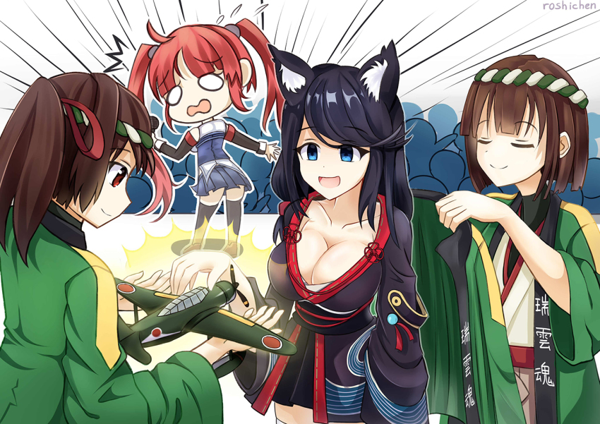 4girls :d aircraft animal_ears artist_name ass azur_lane black_hair black_legwear blue_eyes breasts brown_eyes brown_hair cat_ears chibi cleavage collarbone commentary crossover detached_sleeves e16a_zuiun empty_eyes fusou_(azur_lane) hachimaki happi headband hyuuga_(kancolle) ise_(kancolle) japanese_clothes kantai_collection kimono long_hair looking_back multiple_girls name_connection nejiri_hachimaki open_mouth ponytail red_hair retrofit_(azur_lane) roshi_chen san_diego_(azur_lane) san_diego_(retrofit)_(azur_lane) shirt short_hair short_kimono smile sparkle thighhighs twintails white_shirt wide_sleeves zettai_ryouiki