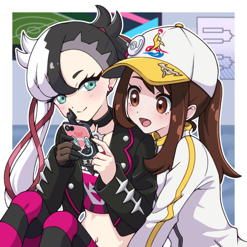 2girls aged_up asymmetrical_bangs baseball_cap black_choker black_hair black_jacket blush breasts brown_eyes brown_hair choker closed_mouth crop_top earrings gen_4_pokemon gloria_(pokemon) green_eyes gym_challenge_uniform hair_ribbon hat highres holding jacket jewelry long_sleeves marnie_(pokemon) midriff multiple_girls nintendo open_clothes open_mouth pokemon pokemon_swsh ponytail red_ribbon ribbon rotom rotom_phone shirt smile twintails yuu_(jgvj7873)
