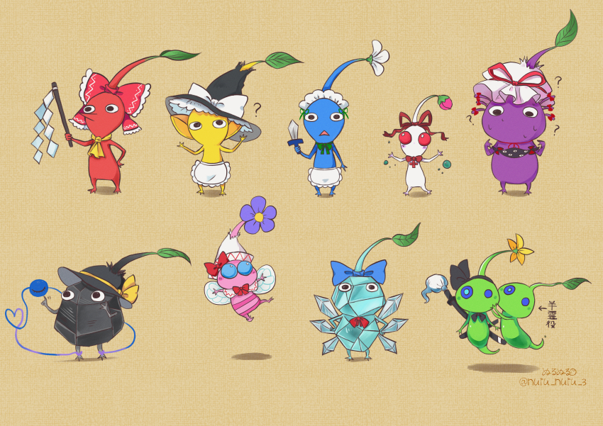 ? absurdres apron ascot black_hairband black_hat blue_bow blue_pikmin bow brown_background cirno cirno_(cosplay) commentary_request cosplay crossover gap_(touhou) glow_pikmin gohei hairband hakurei_reimu hakurei_reimu_(cosplay) hat heart heart_of_string highres ice_pikmin izayoi_sakuya izayoi_sakuya_(cosplay) kirisame_marisa kirisame_marisa_(cosplay) komeiji_koishi komeiji_koishi_(cosplay) konpaku_youmu konpaku_youmu_(cosplay) lily_white lily_white_(cosplay) maid medicine_melancholy medicine_melancholy_(cosplay) nintendo nuru_nuru_3 pikmin_(series) purple_pikmin red_bow red_pikmin red_ribbon ribbon rock_pikmin simple_background sword third_eye touhou translation_request twitter_username weapon white_apron white_hat white_pikmin winged_pikmin witch_hat yakumo_yukari yakumo_yukari_(cosplay) yellow_ascot yellow_pikmin