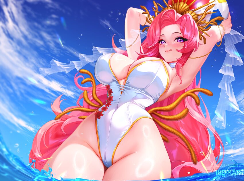 18dikart 1girl :q artist_name ball beachball blush choker cloud commission flower highleg highleg_one-piece_swimsuit highres holding holding_ball holding_beachball indie_virtual_youtuber long_hair one-piece_swimsuit pink_hair purple_eyes red_flower sky solo swimsuit tongue tongue_out umi-hana virtual_youtuber water white_choker white_one-piece_swimsuit