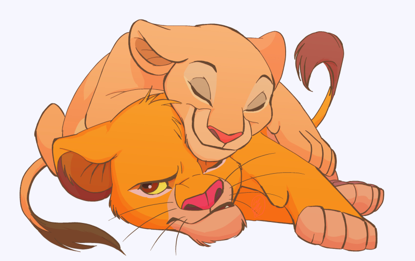 animal brown_eyes closed_eyes colored_sclera cub highres lion looking_to_the_side lying_on_another nala_(the_lion_king) no_humans sasamaru_lion simba simple_background smile the_lion_king white_background yellow_sclera