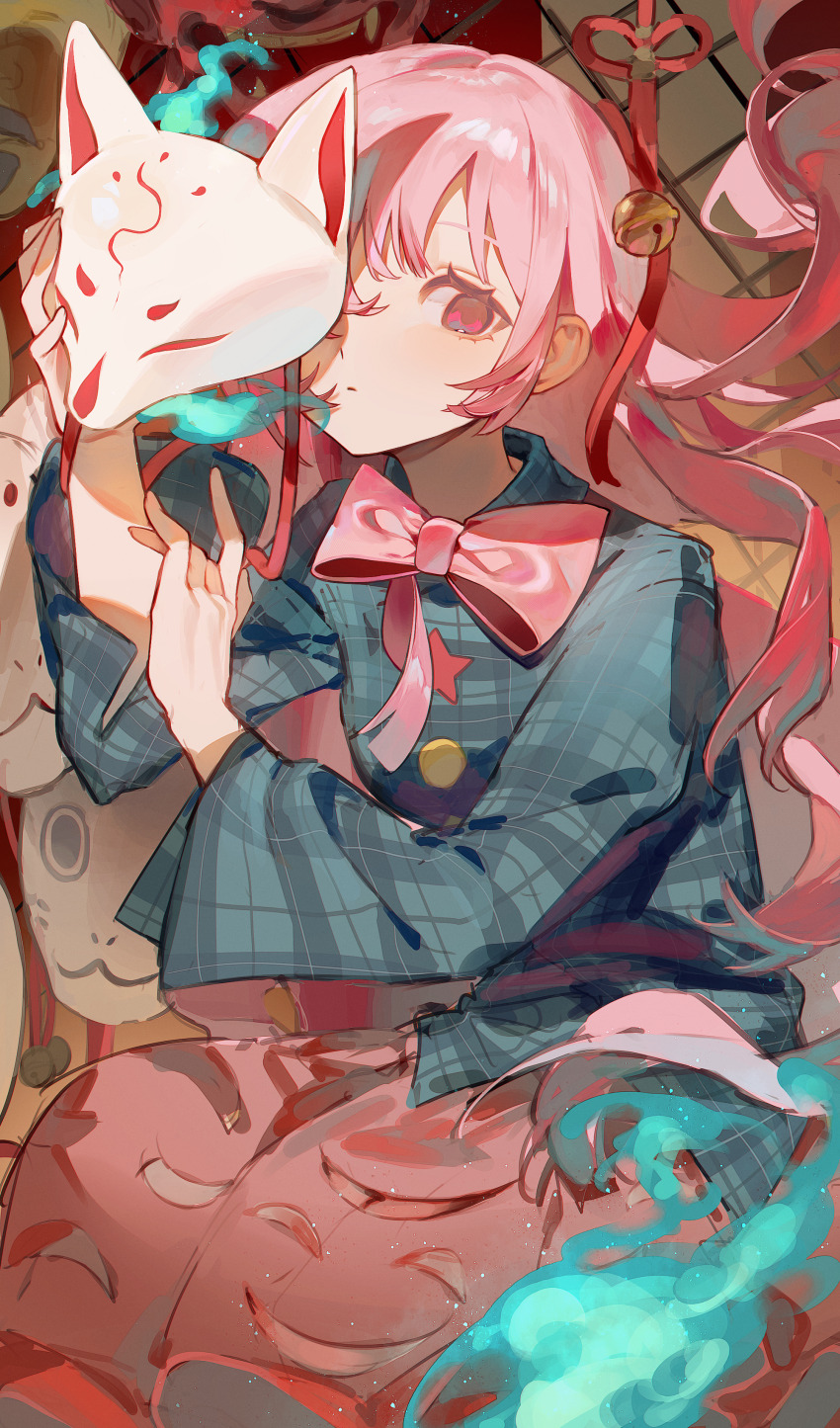 1girl absurdres ender_xiaohai fox_mask hata_no_kokoro highres holding holding_mask long_hair long_sleeves looking_at_viewer mask mask_over_one_eye pink_hair plaid_clothes plaid_shirt puffy_long_sleeves puffy_sleeves red_eyes shirt solo touhou