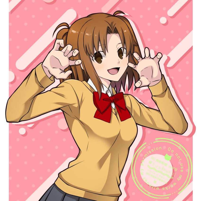 1girl brown_eyes brown_hair claw_pose commentary highres hirakawa long_hair open_mouth pink_background shadow shirt simple_background solo sweater tsukihime tsukihime_(remake) twintails upper_body watermark white_shirt yellow_sweater yumizuka_satsuki