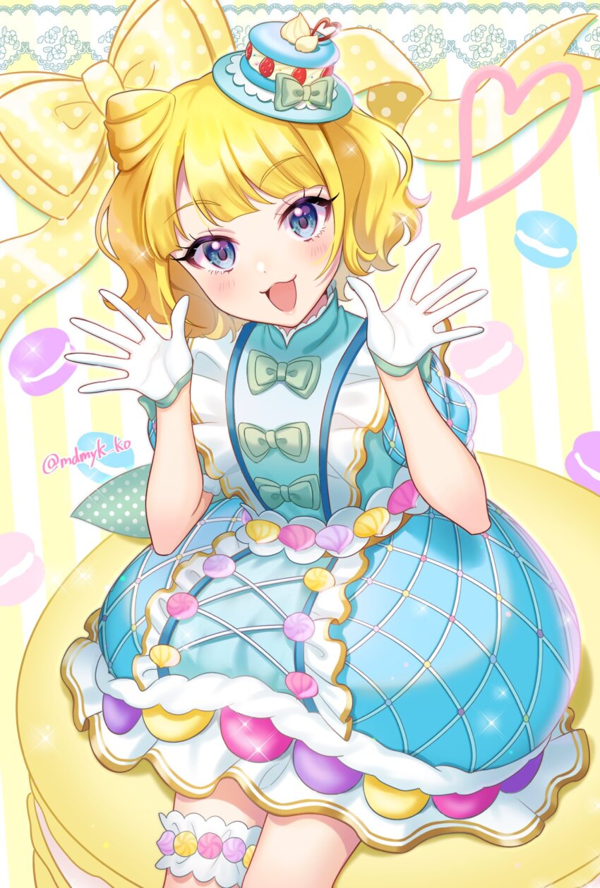 1girl blonde_hair blue_dress blue_eyes blush bubble_skirt cake_hat cone_hair_bun dress food gloves hair_bun hat heart highres macaron mendamen minami_mirei mini_hat mini_top_hat open_mouth pretty_series pripara short_hair skirt smile solo top_hat wavy_hair white_gloves