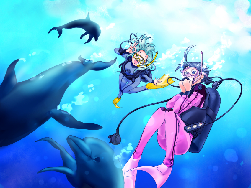 2girls :d amanchu! black_hair blue_eyes bodysuit bubble diving_mask diving_regulator diving_suit dolphin flippers goggles green_hair highres kohinata_hikari long_hair looking_at_viewer multiple_girls ooki_futaba open_mouth scuba scuba_gear scuba_tank short_hair smile swimsuit underwater wetsuit yellow_eyes yumecan_ayame