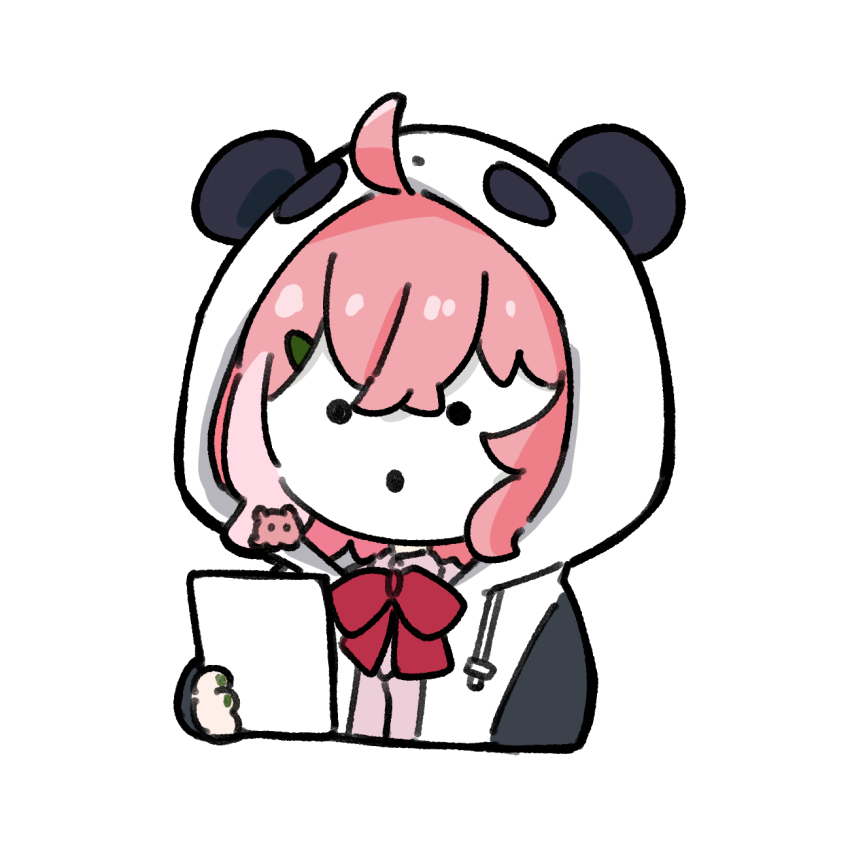 ._. :o ahoge animal_ears animal_hood bow chibi collared_shirt cropped_torso drawstring dress_shirt fake_animal_ears green_nails hair_between_eyes hair_ornament hairclip highres holding hood hood_up hooded_jacket jacket long_sleeves looking_at_viewer multicolored_hair nail_polish nijisanji nozo_(hitomiz) open_clothes open_jacket panda_ears panda_hood pink_hair pink_shirt red_bow sasaki_saku sasaki_saku_(1st_costume) shirt simple_background streaked_hair upper_body virtual_youtuber white_background white_jacket