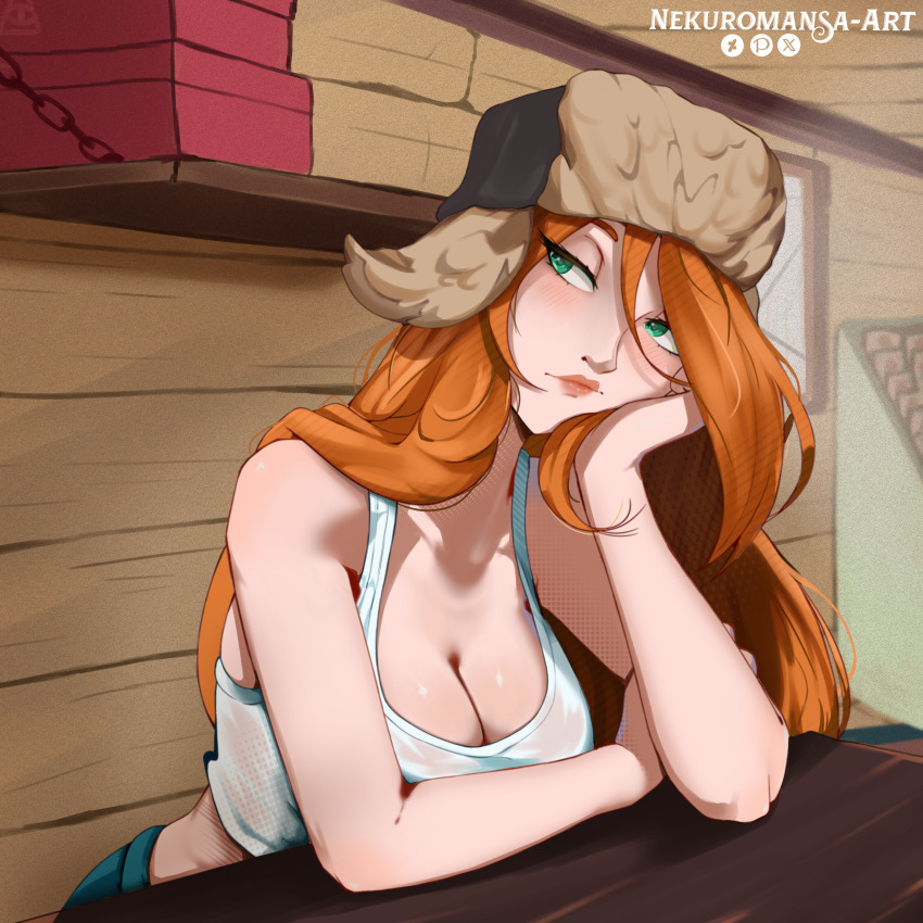 1girl absurdres artist_name bare_arms bare_shoulders breasts brown_hat cleavage closed_mouth commentary_request deviantart_logo elbow_rest gravity_falls green_eyes hair_between_eyes hat head_rest highres indoors large_breasts lips long_hair midriff nekuromansa orange_hair pixiv_logo sideways_glance solo table tank_top twitter_x_logo ushanka wendy_corduroy white_tank_top
