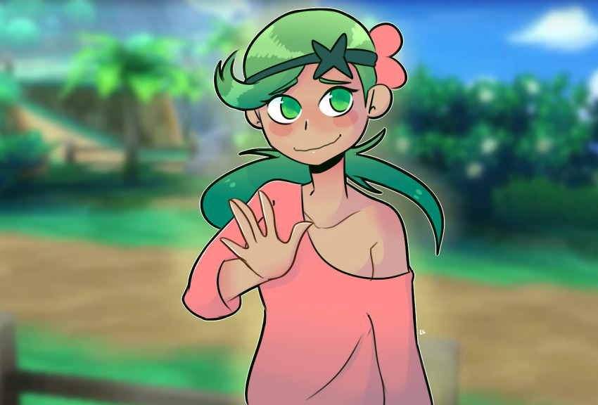 1girl collarbone dark-skinned_female dark_skin eli_(greeli_) game_screenshot_background green_eyes green_hair long_sleeves looking_at_viewer mallow_(pokemon) nintendo palm_tree pokemon pokemon_sm screenshot_background solo tree wavy_mouth