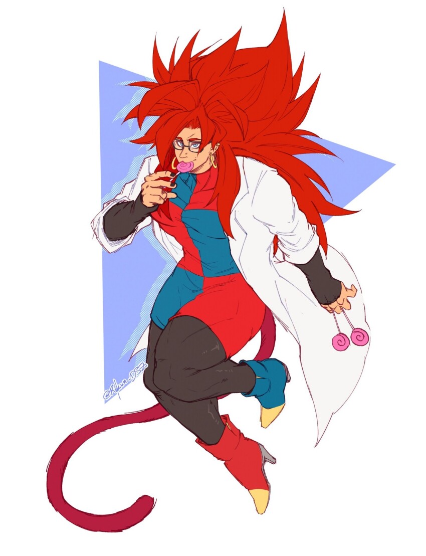 1boy android_21 android_21_(cosplay) asymmetrical_footwear ben-day_dots black-framed_eyewear black_leggings black_nails black_sleeves blue_background blue_boots blue_dress blue_eyes boots candy checkered_clothes checkered_dress commentary cosplay crossdressing dragon_ball dragon_ball_fighterz dragon_ball_gt dress earrings english_commentary food full_body glasses gogeta gold_earrings high_heel_boots high_heels highres holding holding_candy holding_food holding_lollipop hoop_earrings jewelry lab_coat leggings lollipop long_hair long_sleeves mismatched_footwear monkey_tail multicolored_boots multicolored_dress red_boots red_dress red_hair rykun_dsz screentones simple_background sleeves_past_wrists solo spiked_hair super_saiyan super_saiyan_4 swirl_lollipop tail triangle_background twitter_username two-tone_boots two-tone_dress white_background yellow_boots