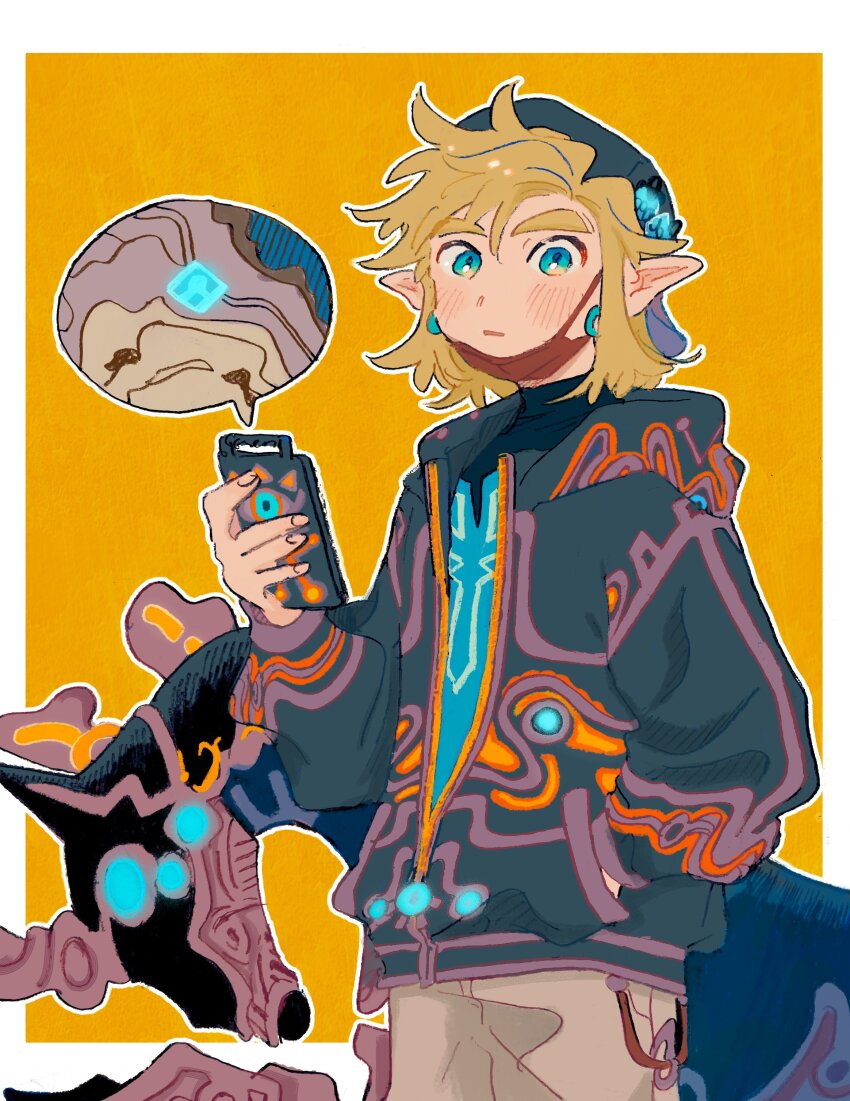 1boy absurdres aqua_eyes aqua_shirt backwards_hat blonde_hair blush border champion&#039;s_tunic_(zelda) commentary_request earrings glowing glowing_eyes grey_pants hair_between_eyes hand_in_pocket hat highres horse jacket jewelry link looking_at_viewer male_focus map master_cycle nintendo orange_background pants parted_lips pointy_ears print_jacket sheikah_slate shirt sidelocks solo sunaoni704 the_legend_of_zelda the_legend_of_zelda:_breath_of_the_wild thick_eyebrows white_border