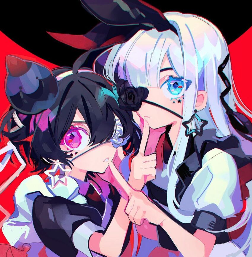 2girls ahoge animal_ears apron black_dress black_flower black_hair black_rose blue_eyes center-flap_bangs closed_mouth collared_dress colored_eyelashes dress earrings eyepatch facial_mark fake_animal_ears fingernails flower flower_eyepatch frilled_apron frills hair_between_eyes hairband hand_on_another&#039;s_chin hand_up himanemuitoma hoop_earrings identity_(vocaloid) index_finger_raised jewelry long_hair looking_at_viewer mononobe_alice multiple_girls nijisanji parted_lips puffy_short_sleeves puffy_sleeves rabbit_ears red_background reverse_palettes rose short_hair short_sleeves sidelocks simple_background star_(symbol) star_earrings star_facial_mark teeth upper_body ushimi_ichigo virtual_youtuber white_apron white_dress white_flower white_hair white_hairband white_rose