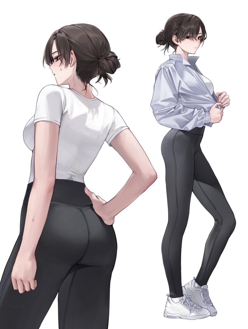 1girl ass black_eyes black_hair black_leggings bra_visible_through_clothes breasts commentary_request hair_bun hand_on_own_hip highres jacket large_breasts leggings long_sleeves looking_at_viewer multiple_views original sabotensuteeki shirt shoes short_hair simple_background single_hair_bun sneakers sweatdrop white_background white_jacket white_shirt white_shoes