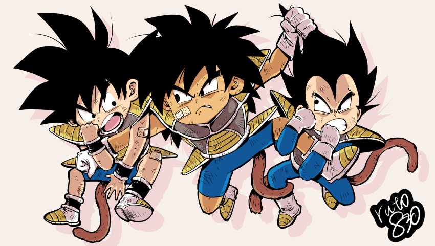 3boys aged_down armor bandaid bandaid_on_arm bandaid_on_cheek bandaid_on_face bandaid_on_knee bandaid_on_leg black_eyes black_hair boots broly_(dragon_ball_super) clenched_teeth commentary_request dirty dragon_ball dragon_ball_minus dragon_ball_super dragon_ball_super_broly frown grabbing_another&#039;s_hair highres male_focus monkey_tail multiple_boys ruto830 saiyan_armor shoulder_armor signature son_goku tail teeth vegeta wristband