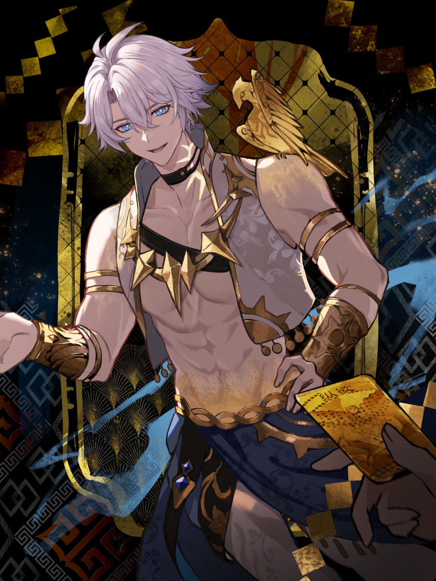 1boy abs absurdres antenna_hair armlet black_choker blue_eyes chinese_commentary choker commentary_request creature creature_on_shoulder cropped_vest glowing_tattoo hand_on_own_hip highres honkai:_star_rail honkai_(series) jewelry looking_at_viewer male_focus muscular muscular_male navel on_shoulder open_clothes open_mouth open_vest pants phainon_(honkai:_star_rail) pov short_hair smile solo sun_symbol sun_tattoo tan vambraces vest waist_cape white_hair white_pants white_vest xuanfananchun