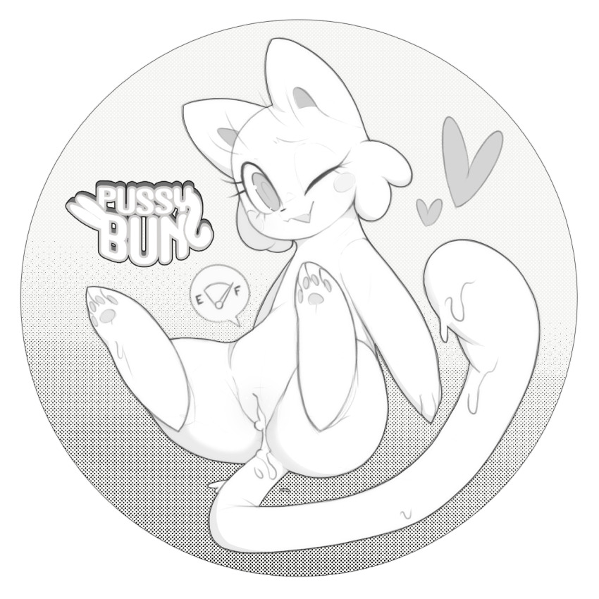 1girl aftersex animal_focus animal_sexualization blush blush_stickers border cleft_of_venus cum cum_in_pussy cumdrip english_text fangs female_focus full_body gauge greyscale happy heart highres kekitopu looking_at_viewer lotion_cat_(kekitopu) monochrome one_eye_closed open_mouth original pawpads pussy raised_eyebrows round_image sitting skin_fangs slime_(substance) smile solo speech_bubble spread_legs uncensored white_border