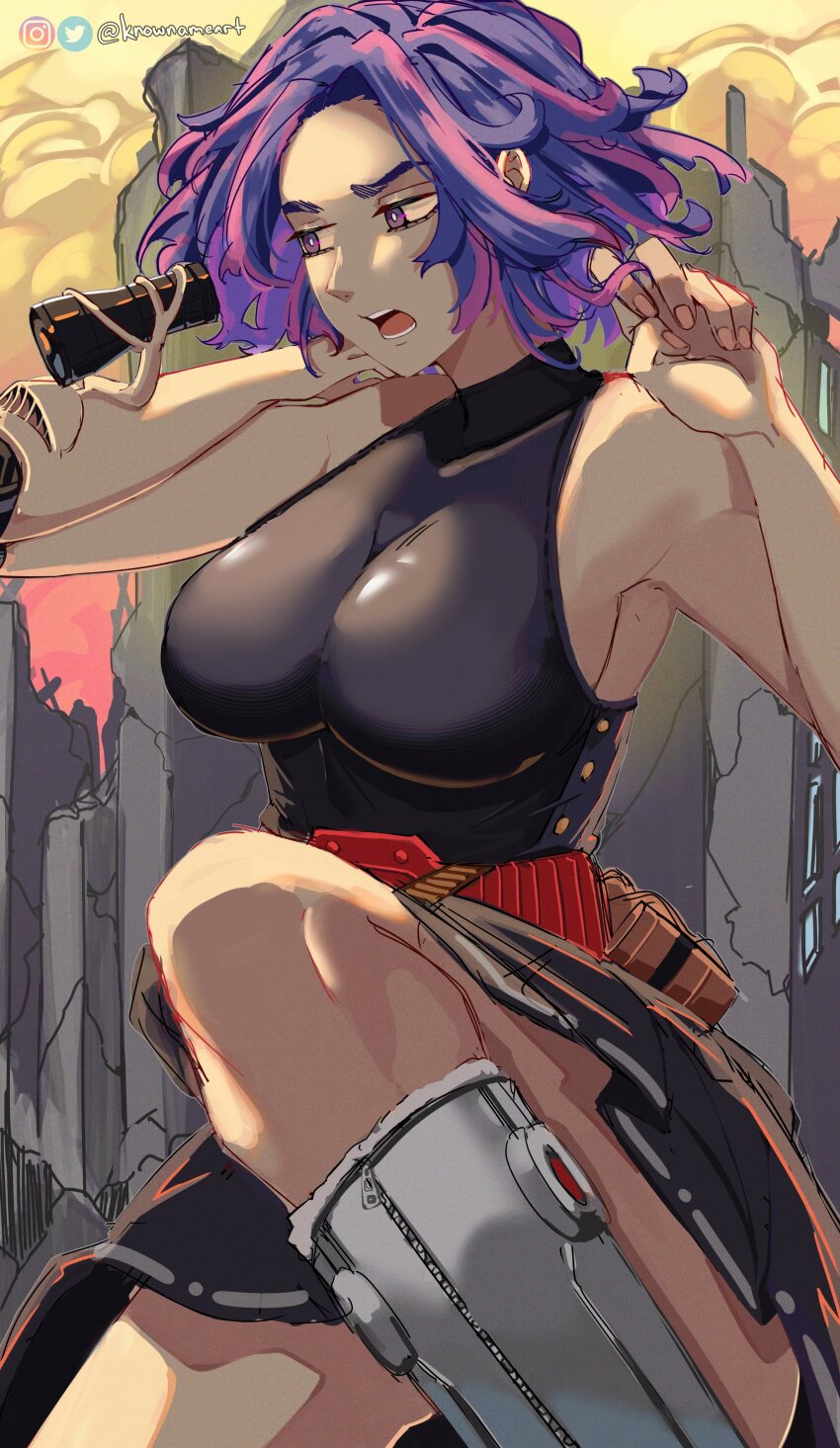 1girl absurdres arm_cannon belt black_bodysuit black_dress bodysuit boku_no_hero_academia boots breasts city destroyed dress highres knowname lady_nagant large_breasts looking_to_the_side multicolored_hair open_mouth pink_hair post-apocalypse prosthetic_weapon purple_eyes purple_hair red_belt short_hair smoke two-tone_hair utility_belt weapon white_footwear zipper