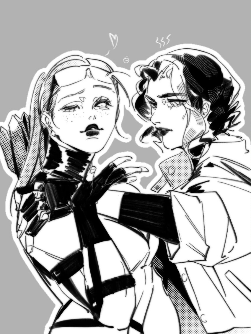 2girls archery arsenal_(dc) baique07 batman_(series) black_gloves black_hair bodysuit breasts cleavage dc_comics genderswap genderswap_(mtf) gloves highres jason_todd long_hair monochrome multicolored_hair multiple_girls open_clothes ponytail quiver red_bodysuit red_hood_(dc) red_hood_and_the_outlaws roy_harper short_hair simple_background superhero_costume two-tone_bodysuit two-tone_hair white_hair yuri