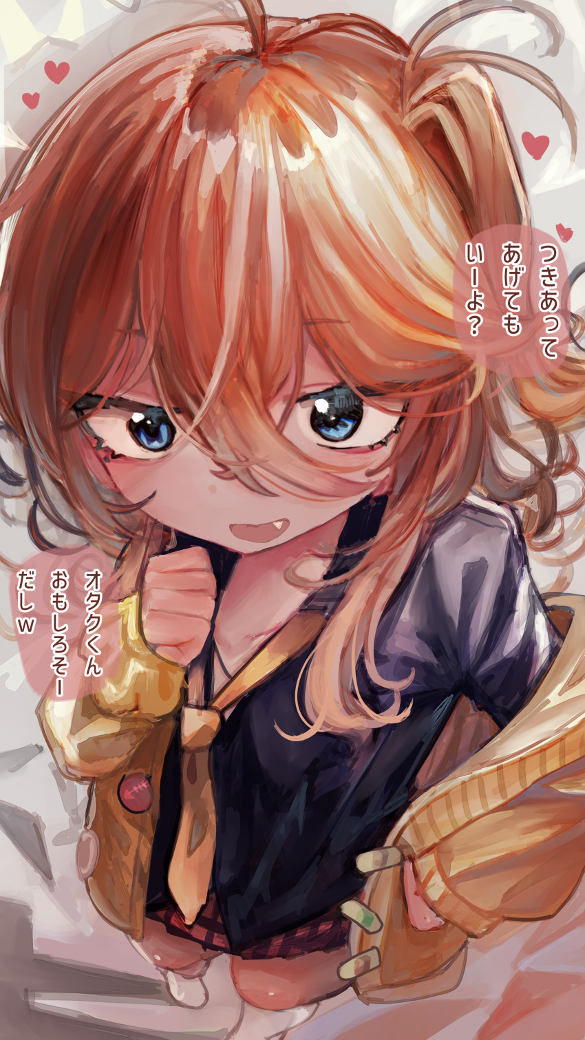 1girl absurdres bandaid black_shirt blonde_hair blue_eyes blush cardigan collared_shirt commentary_request fang full_body hair_between_eyes highres kasukabe_tsumugi large_variant_set long_bangs long_hair long_sleeves looking_at_viewer messy_hair microa miniskirt necktie one_side_up open_cardigan open_clothes open_mouth plaid_clothes plaid_skirt purple_skirt shirt skirt smile solo translation_request variant_set voicevox yellow_cardigan yellow_necktie