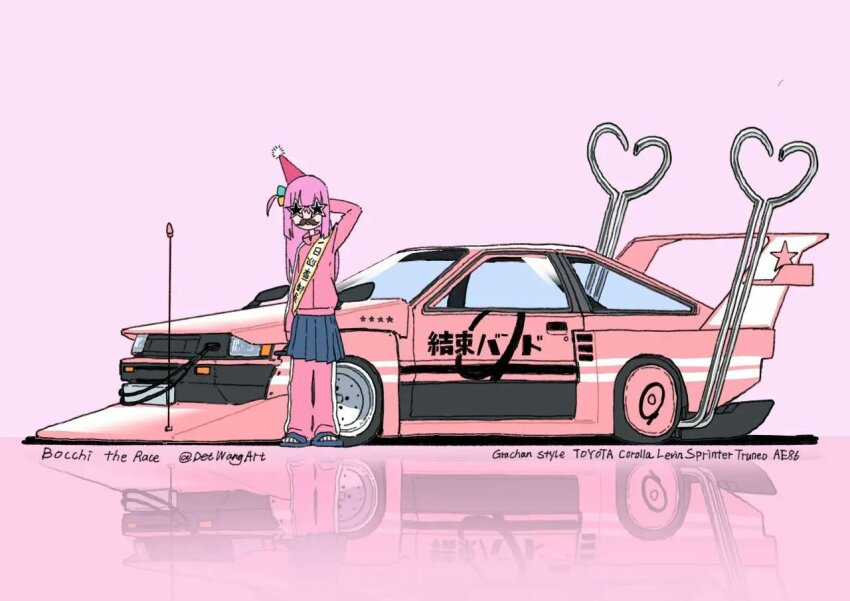 1girl artist_name bocchi_the_rock! bousouzoku car convertible cube_hair_ornament delinquent detwang fake_facial_hair fake_mustache flip-flops gotoh_hitori hair_between_eyes hair_ornament hat long_hair motor_vehicle one_side_up pants pants_under_skirt party_hat pink_background pink_car pink_hair pink_track_suit pleated_skirt reflection sandals sash scratching_head skirt sports_car star-shaped_eyewear star_(symbol) sunglasses toyota toyota_sprinter_trueno track_pants track_suit