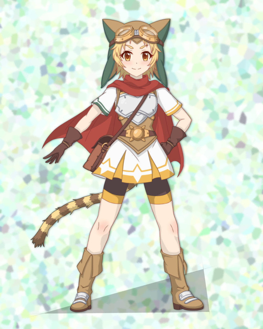1girl absurdres armor bag belt bike_shorts blonde_hair breastplate brown_bag brown_footwear brown_gloves cape full_body gloves goggles goggles_on_headwear green-x hand_on_own_hip hat hat_with_ears highres legs_apart matsuri_(princess_connect!) medium_hair princess_connect! red_cape short_sleeves shoulder_bag skirt solo standing striped_tail tail tiger_girl white_skirt