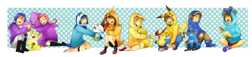 4boys 4girls arbok ash_ketchum blue_hair brock_(pokemon) brown_hair croagunk dawn_(pokemon) earrings gen_1_pokemon gen_2_pokemon gen_3_pokemon gen_4_pokemon green_hair hanawo_(slumpcat) hat highres hood hoodie james_(pokemon) jessie_(pokemon) jewelry marill may_(pokemon) meowth misty_(pokemon) multiple_boys multiple_girls nintendo on_head orange_hair pikachu pink_hair piplup pokemon pokemon_(anime) pokemon_(classic_anime) pokemon_dppt_(anime) pokemon_rse_(anime) psyduck sitting smile team_rocket torchic trevor_(pokemon) weezing