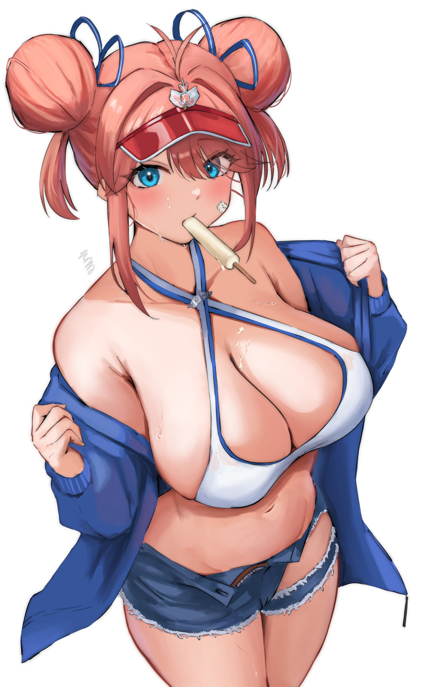 1girl absurdres azur_lane bare_shoulders bikini bikini_top_only blue_eyes blue_jacket blue_shorts blush breasts cleavage commentary_request cowboy_shot denim denim_shorts double_bun food food_in_mouth gallant_(azur_lane) gallant_(express-ive_delivery)_(azur_lane) hair_bun hair_intakes highres huge_hair_bun jacket large_breasts looking_at_viewer navel off_shoulder official_alternate_costume official_alternate_hairstyle open_clothes open_jacket pink_hair popsicle popsicle_in_mouth shorts simple_background solo soul_(dp11) swimsuit thighs torn_clothes torn_shorts visor_cap white_background white_bikini