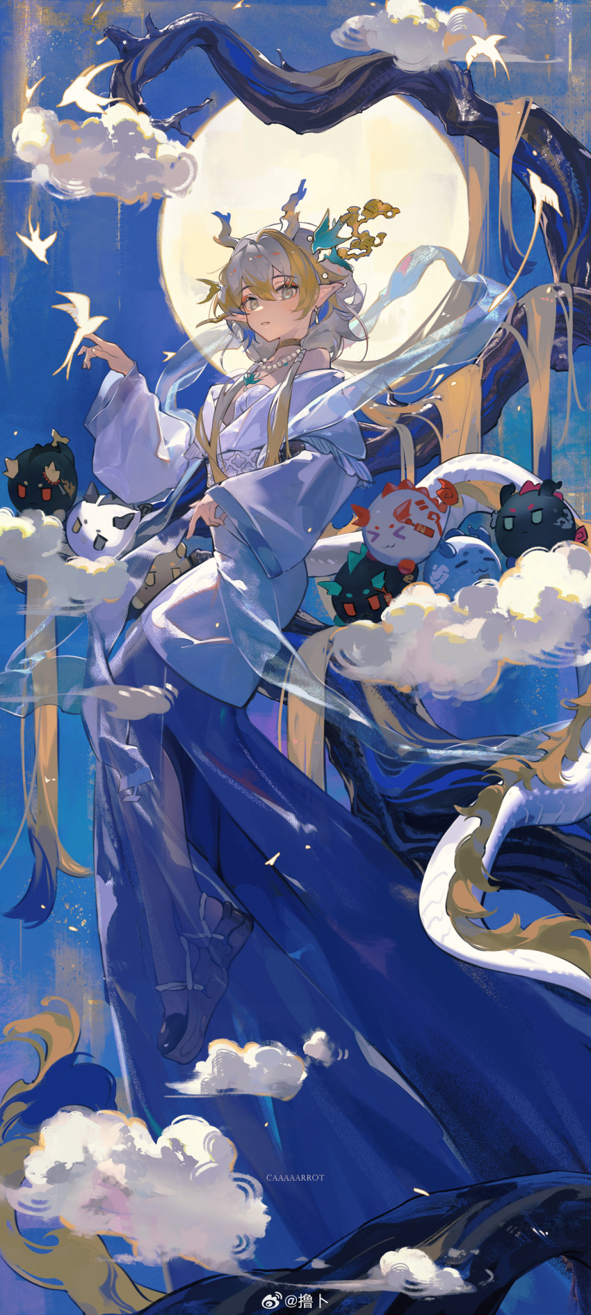 1girl absurdres ambience_synesthesia annotated arknights bare_shoulders blonde_hair blue_hair blue_skirt branch chinese_commentary choker chongyue_(arknights) commentary_request dragon_bubble_(arknights) dragon_girl dragon_horns dragon_tail dress dusk_(arknights) earrings eyeliner floating full_body grey_eyes hagoromo hair_between_eyes highres horns jewelry ji_(arknights) ling_(arknights) long_hair long_skirt long_sleeves looking_at_viewer makeup multicolored_hair necklace nian_(arknights) off_shoulder official_alternate_costume on_branch orange_eyeliner parted_lips pearl_necklace pointy_ears see-through_clothes shawl shu_(arknights) sitting skirt solo tail toto_(caaaaarrot) train_(clothing) very_long_hair wang_(arknights) watermark weibo_watermark white_dress white_hair white_shawl wide_sleeves yellow_choker yu_(arknights)