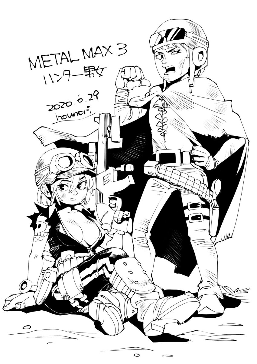 1boy 1girl arm_tattoo artist_name breasts cape cleavage dated full_body goggles greyscale gun helmet highres hounori hunter_(metal_max) looking_at_viewer medium_breasts metal_max metal_max_3 monochrome open_mouth short_hair simple_background tattoo weapon white_background