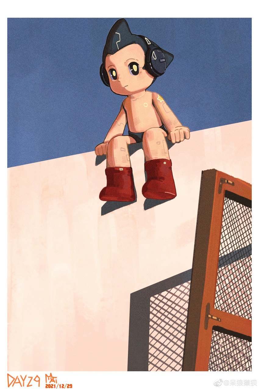 1boy absurdres android arm_support atom_(tetsuwan_atom) black_eyes black_hair border dailang12345 dated door expressionless full_body headphones highres looking_at_viewer male_focus mesh on_wall outdoors red_footwear robot_parts shadow short_hair sitting solo tetsuwan_atom topless_male white_border yellow_pupils