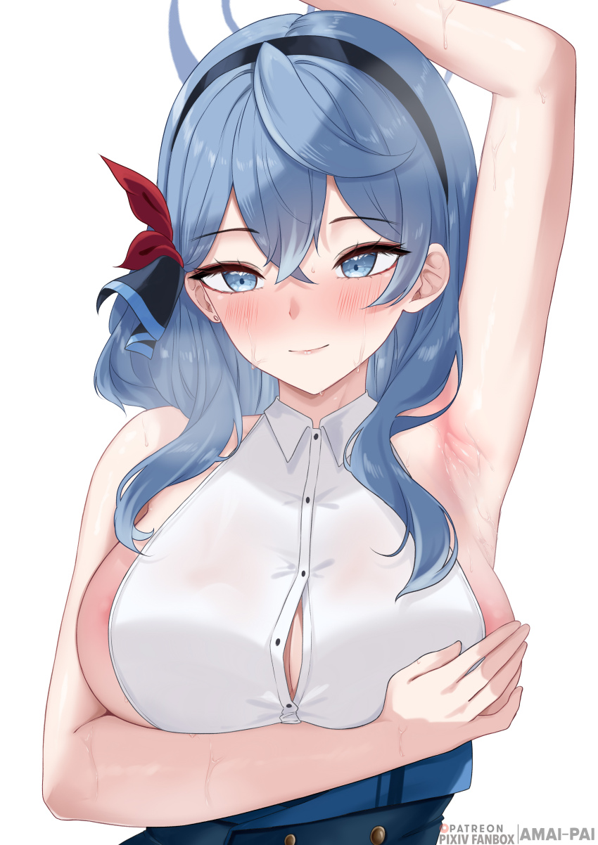 1girl absurdres ako_(blue_archive) amai-pai arm_up armpits black_hairband blue_archive blue_eyes blue_hair blue_halo blush breasts buttons closed_mouth collared_shirt hair_between_eyes hairband halo highres large_breasts long_hair looking_at_viewer shirt sideboob simple_background sleeveless sleeveless_shirt solo upper_body white_background white_shirt
