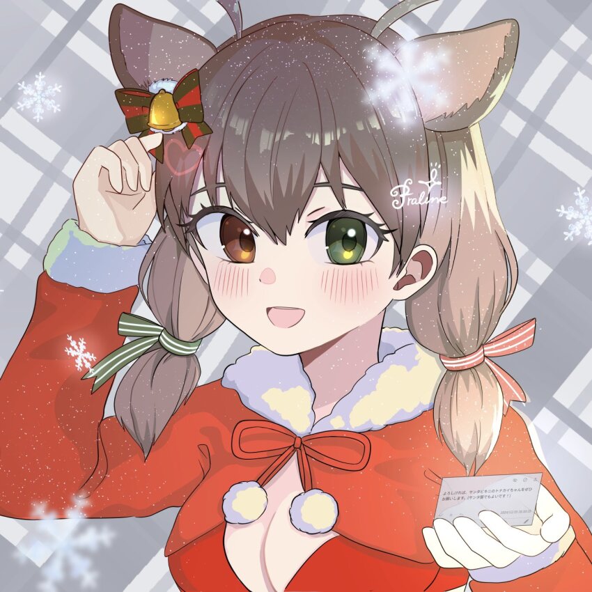 1girl alternate_costume ancolatte_(onikuanco) animal_ears antlers bell_bow blush bow brown_hair capelet cleavage_cutout clothing_cutout deer_ears dress fur_collar fur_trim green_bow green_eyes hair_between_eyes hair_bow heterochromia highres horns kemono_friends long_sleeves looking_at_viewer multicolored_bow multicolored_hair open_mouth red_bow red_capelet red_dress red_eyes reindeer_(kemono_friends) reindeer_antlers reindeer_girl santa_costume sidelocks smile snowflakes solo translation_request twintails upper_body white_fur