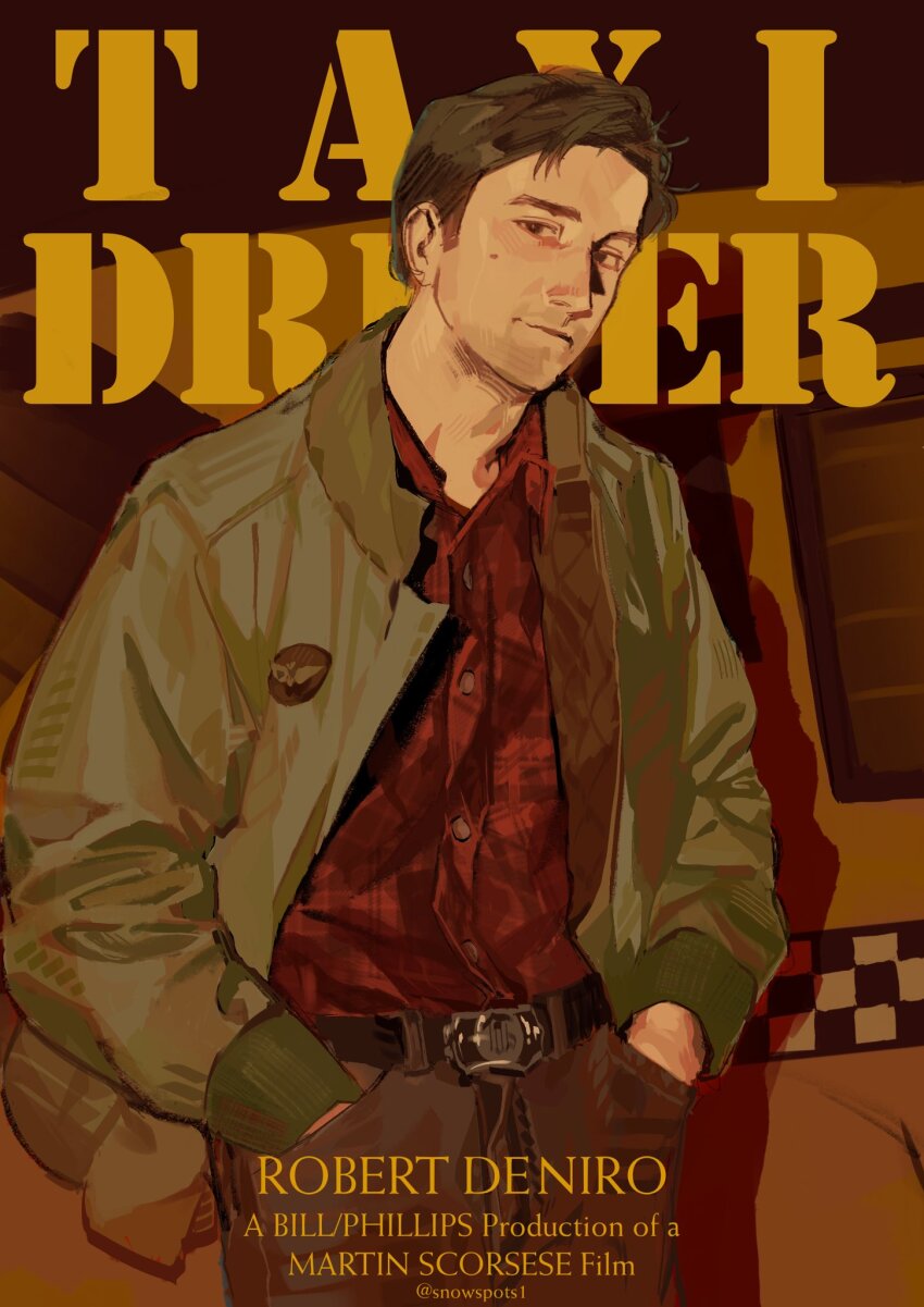 1boy artist_name brown_hair english_text green_jacket highres jacket looking_at_viewer plaid_clothes plaid_shirt red_shirt robert_de_niro shirt sketch snowspots1 solo taxi taxi_driver travis_bickle