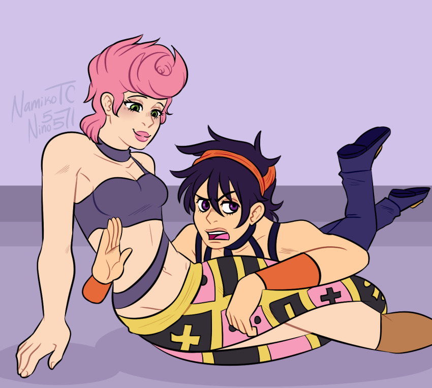 1boy 1girl black_hair boots breasts closed_mouth green_eyes hairband hetero highres jojo_no_kimyou_na_bouken lying medium_breasts narancia_ghirga navel nino5571 pants pink_hair pink_lips purple_eyes short_hair skirt smile strapless trish_una tube_top vento_aureo