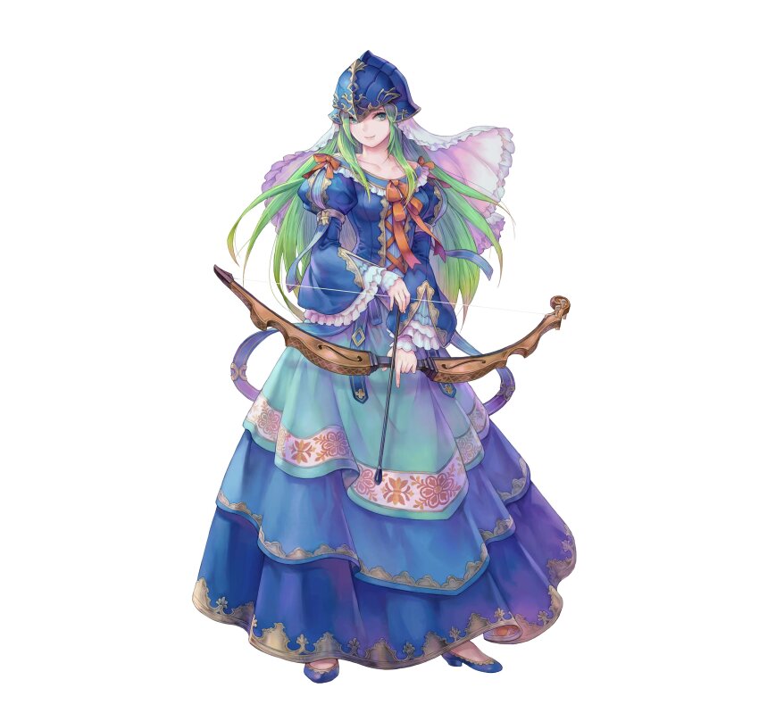 1girl absurdres aqua_eyes armor arrow_(projectile) blue_shoes bow bow_(weapon) breasts closed_mouth collarbone dress fire_emblem fire_emblem:_path_of_radiance fire_emblem_heroes frills full_body gradient_hair green_hair haccan helmet highres holding holding_bow_(weapon) holding_weapon long_hair looking_at_viewer medium_breasts multicolored_hair nephenee_(fire_emblem) nephenee_(soiree)_(fire_emblem) nintendo official_alternate_costume official_art pale_skin puffy_sleeves shoes smile standing veil weapon wide_sleeves