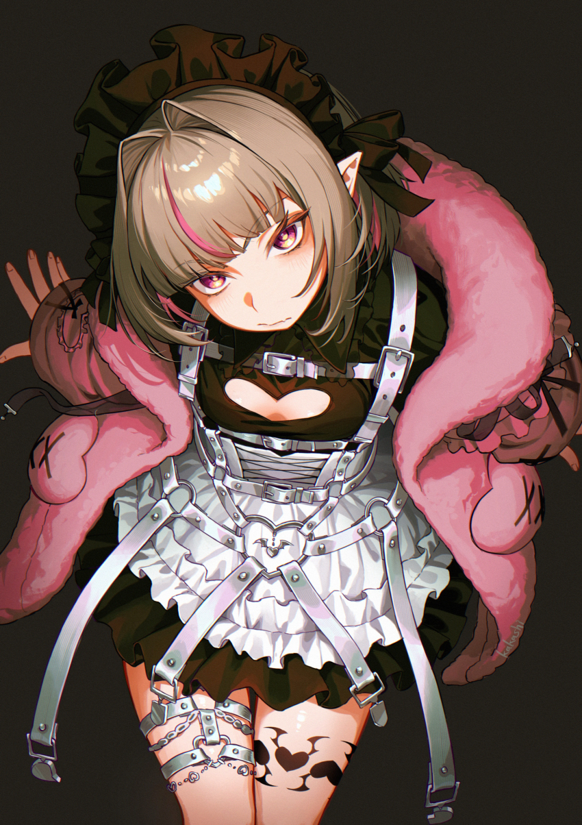 1girl absurdres apron belt black_background black_dress black_headdress black_ribbon blunt_bangs bob_cut breasts chain chest_harness cleavage cleavage_cutout closed_mouth clothing_cutout collared_dress colored_inner_hair corset cowboy_shot cross-laced_clothes cross-laced_corset dress fang frilled_jacket frilled_shirt_collar frills from_above grey_hair hair_intakes harness head_tilt heart heart_cutout heart_o-ring highres jacket kk_shi_0829 leg_tattoo looking_at_viewer looking_up loose_belt maid maid_headdress makaino_ririmu makaino_ririmu_(5th_costume) medium_hair multicolored_hair multiple_belts nijisanji o-ring o-ring_belt o-ring_thigh_strap open_clothes open_jacket pink_hair pink_jacket pointy_ears red_eyes ribbon short_dress simple_background sitting skin_fang sleeves_past_wrists small_breasts solo streaked_hair tattoo thigh_strap upturned_eyes virtual_youtuber waist_apron white_apron white_belt white_corset winged_heart winged_heart_tattoo