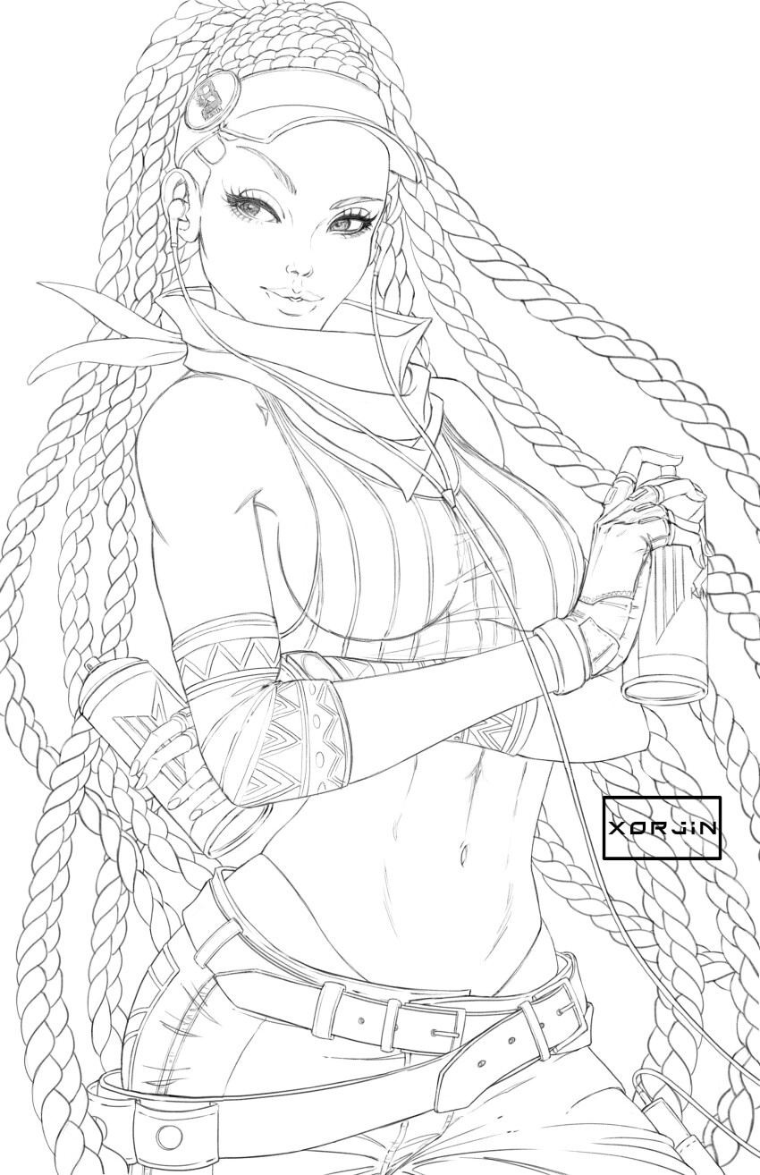 1girl absurdres artist_name bandana belt braid breasts dual_wielding earbuds earphones eyelashes fingerless_gloves gloves greyscale highres holding kimberly_jackson lineart long_hair monochrome navel small_breasts solo spray_paint standing street_fighter street_fighter_6 very_long_hair visor_cap xorjin