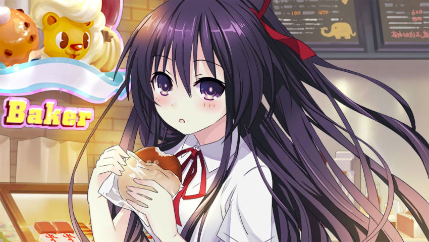1girl :o bakery bread collared_shirt date_a_live date_a_live:_spirit_pledge food game_cg hair_ribbon indoors long_hair looking_at_viewer neck_ribbon official_art purple_eyes purple_hair raizen_high_school_uniform red_ribbon ribbon school_uniform shirt shop solo third-party_source white_shirt yatogami_tohka