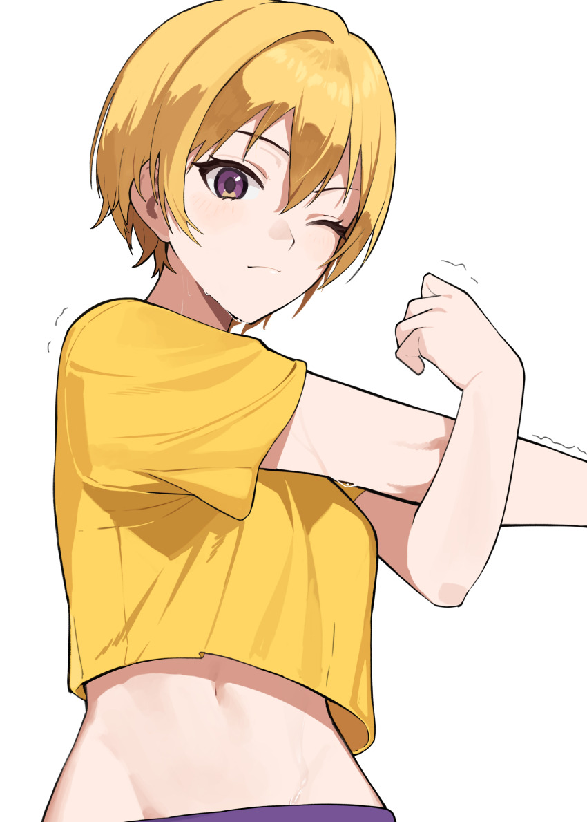 1girl absurdres blonde_hair breasts closed_mouth commentary_request crop_top cross-body_stretch dog garuku1120 groin hair_between_eyes hands_up highres idolmaster idolmaster_shiny_colors light_blush looking_at_viewer midriff navel one_eye_closed outstretched_arm pants puppy purple_pants saijo_juri shirt short_hair short_sleeves simple_background small_breasts solo standing stomach stretching sweat trembling upper_body white_background yellow_shirt