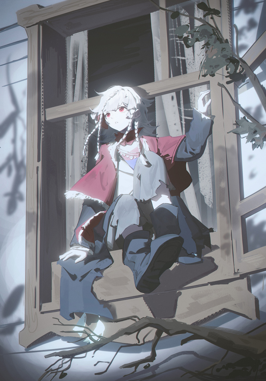 1girl absurdres ankle_boots black_boots black_coat boots branch cloak coat curtains full_body grey_pants hand_up highres jacket looking_afar medium_hair pants parted_lips quad_braids red_cloak red_eyes reverse:1999 rubuska sitting_in_window solo white_hair white_jacket window zzzzzziyao