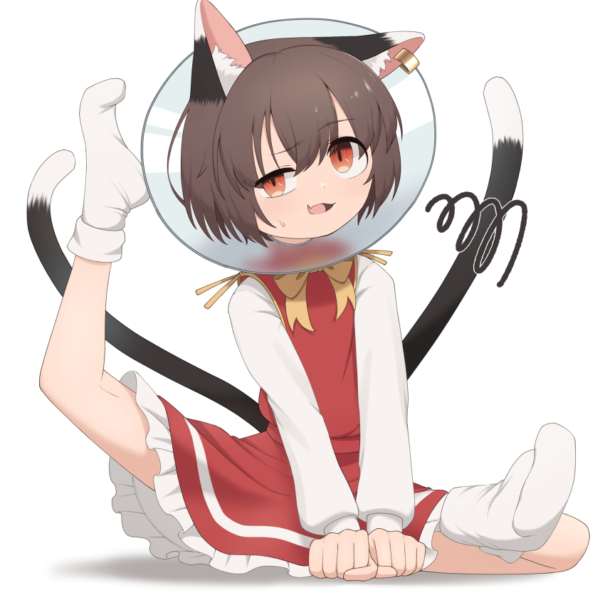 1girl :3 absurdres animal_ear_fluff animal_ears asakura_haru bow bowtie brown_hair cat_ears cat_girl cat_tail chen dress earrings gold_bowtie highres jewelry long_sleeves looking_at_self multiple_tails open_mouth pet_cone short_hair simple_background solo tail touhou white_background
