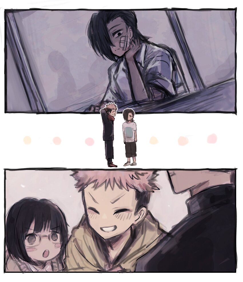 1girl 3boys arm_behind_head bandages black_hair black_pants blush chair classroom closed_eyes frown gakuran glasses hair_over_one_eye highres hood hoodie iguchi_takeshi itadori_yuuji jujutsu_kaisen jujutsu_tech_uniform looking_outside multiple_boys nervous_smile nervous_sweating open_mouth pants pink_hair red_hoodie red_shoes sasaki_setsuko scar school_chair school_uniform shadow shirt shoes short_hair smile sweat undercut white_shirt white_shoes window y725natsu yellow_hoodie yoshino_junpei