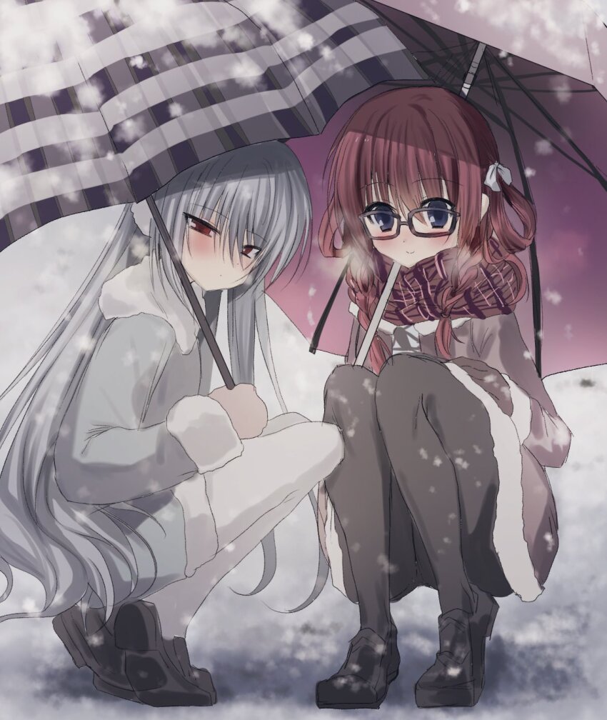 2girls black_footwear black_mittens black_pants blue_eyes blush bow braid brown_jacket brown_mittens closed_mouth expressionless fur-trimmed_jacket fur_trim glasses grey_jacket grisaia_(series) grisaia_no_meikyuu hair_between_eyes hair_bow highres holding holding_umbrella jacket kasukasugom1 kazami_kazuki long_hair long_sleeves looking_at_another looking_at_viewer mittens multiple_girls outdoors pants pantyhose pink_umbrella red_hair smile snow snowing squatting straight_hair striped_umbrella suou_amane twin_braids twintails umbrella white_bow white_hair white_pants winter winter_clothes