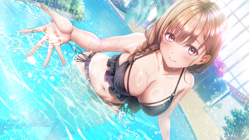 1girl artist_request bikini black_bikini braid breasts brown_eyes brown_hair cleavage closed_mouth commentary_request highres koga_nozomi large_breasts light_blush looking_at_viewer mole mole_under_eye navel outstretched_arm pool ring_light_reflection seifuku_kanojo seifuku_kanojo_2 smile solo swimsuit wading water