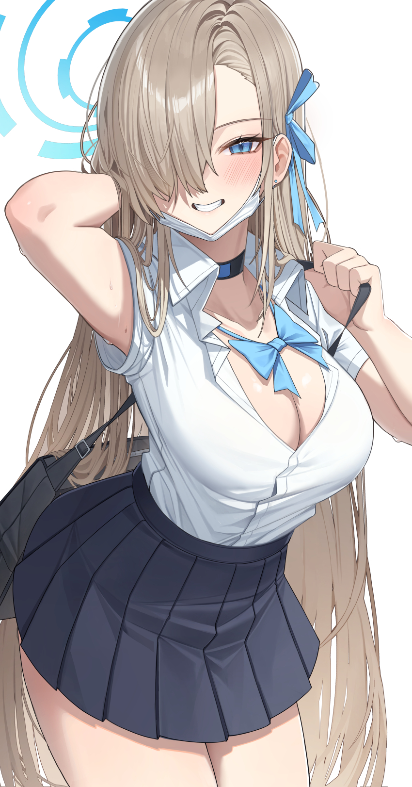 1girl absurdres asuna_(blue_archive) blue_archive blue_eyes bow bowtie breasts brown_hair cleavage highres large_breasts long_hair looking_at_viewer pang-yo school_uniform shirt smile solo white_shirt