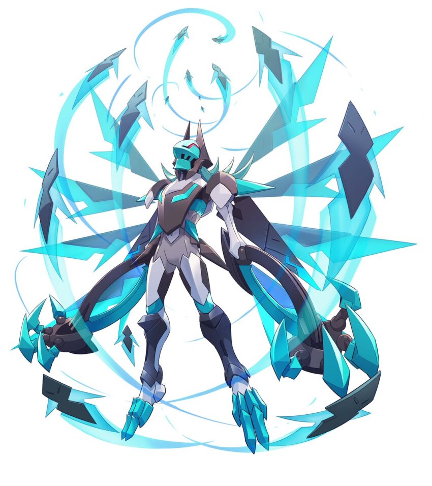 1boy aqua_helmet armor azure_striker_gunvolt azure_striker_gunvolt_3 black_armor blue_hair full_body highres long_hair male_focus official_art red_eyes simple_background solo white_background