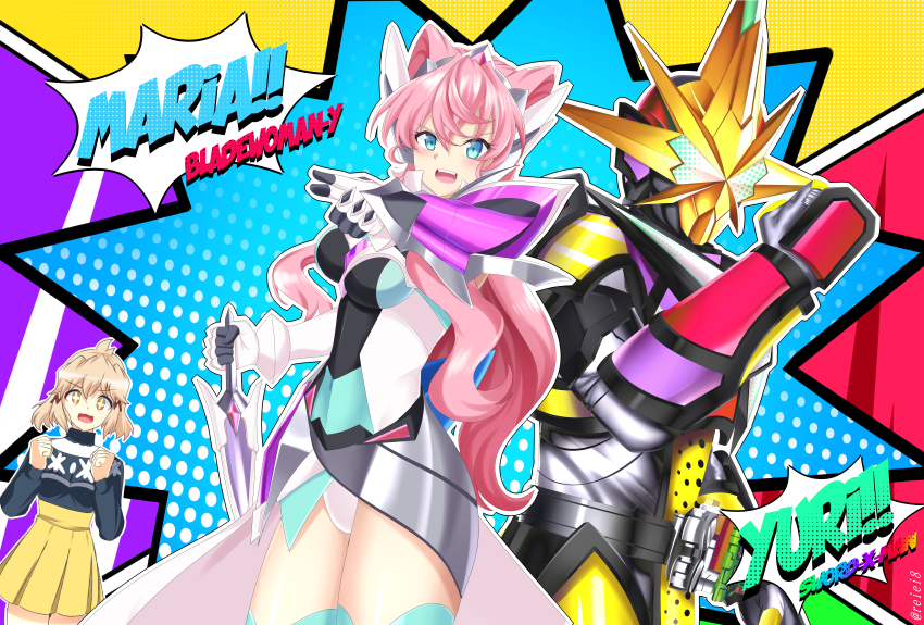 2girls absurdres blue_eyes blush breasts hair_between_eyes headgear highres interface_headset_(evangelion) kamen_rider kamen_rider_(1st_series) kamen_rider_saber_(series) kamen_rider_saikou long_hair maria_cadenzavna_eve medium_breasts multiple_girls open_mouth pink_hair reiei_8 senki_zesshou_symphogear sword thighhighs very_long_hair weapon